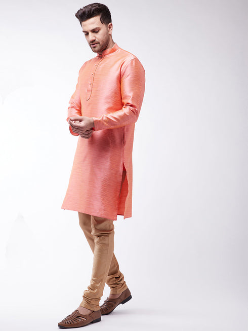 Vastramay Men's Pink And Rose Gold Silk Blend Kurta With Churidar Set